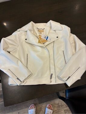Michael Kors White Faux Leather Asymmetrical Moto Jacket